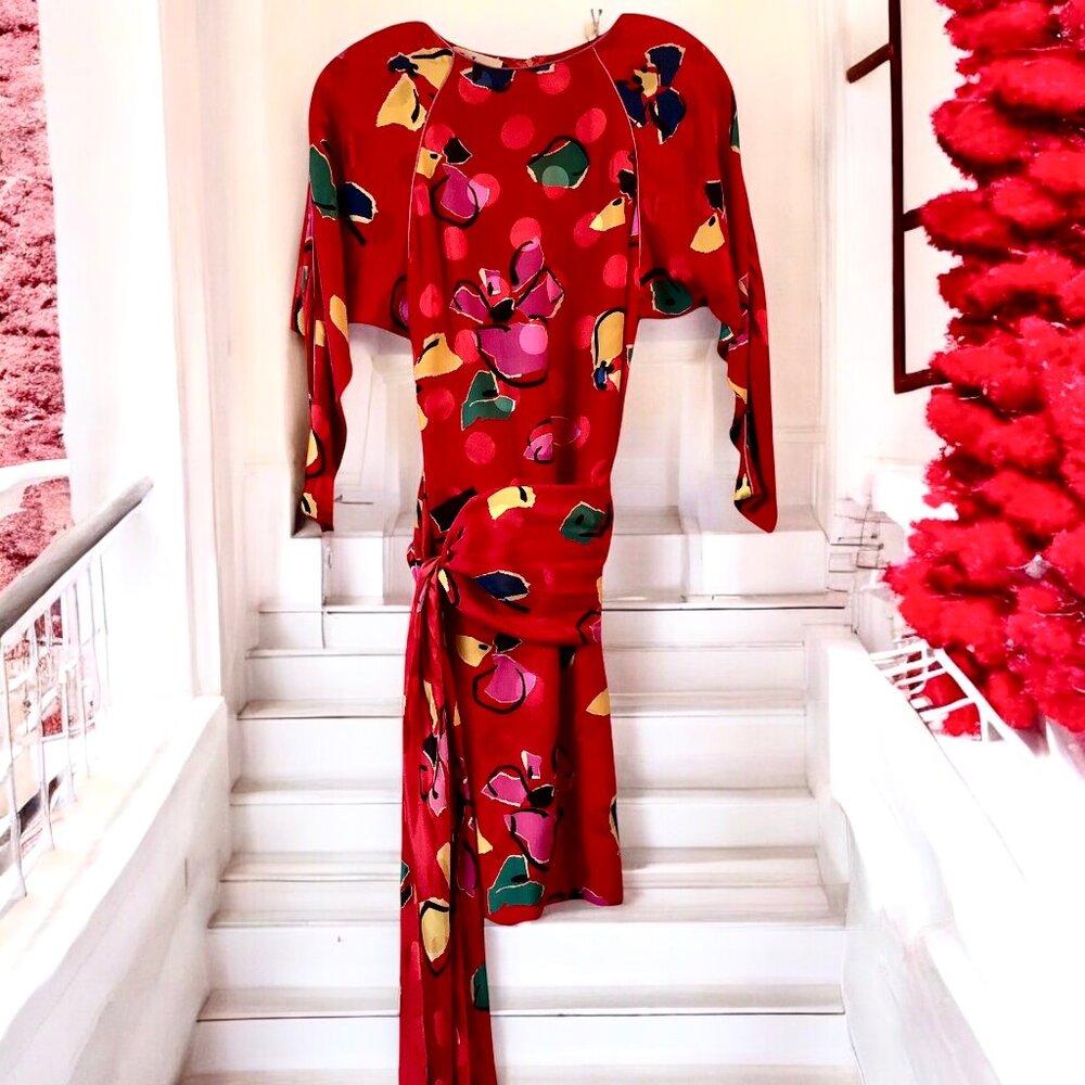 Vintage 70s Joan Leslie Kasper Red Silk Floral Dress Wrap Sash Hong Kong Sz 10